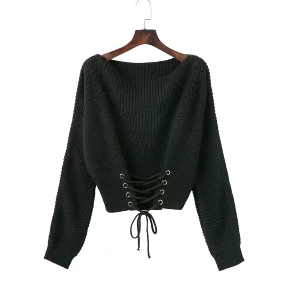 Lace Up Front Wide Neck Chunky Knit Sweater Top